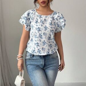 Blue Floral Ruffle-Sleeve Blouse - Women's White Top